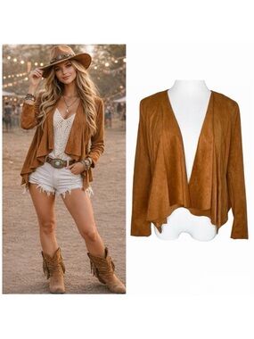 Anthropologie Hutch Drape Faux Suede Jacket XS Whiskey Brown Stagecoach